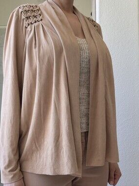 Dressbarn Suede Like, open Cardigan w/Criss Cross Detail Stitching On Shoulder